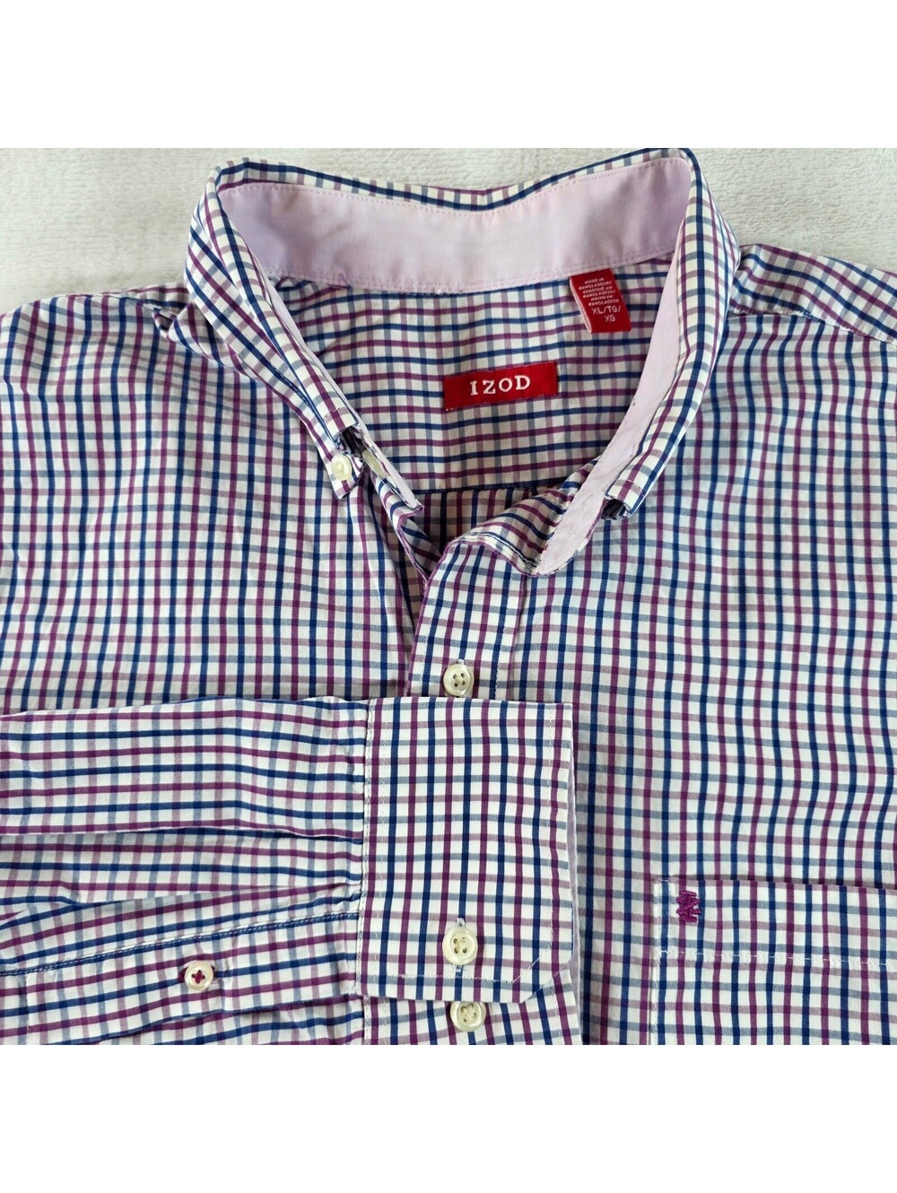 IZOD Men's XL Button-Up Dress Shirt Purple Blue Checkered Casual Classic